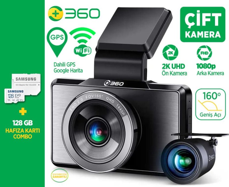 360+ G500H Wifi + GPS 2K Çift Kameralı 160° Geniş Açı Lens Gece